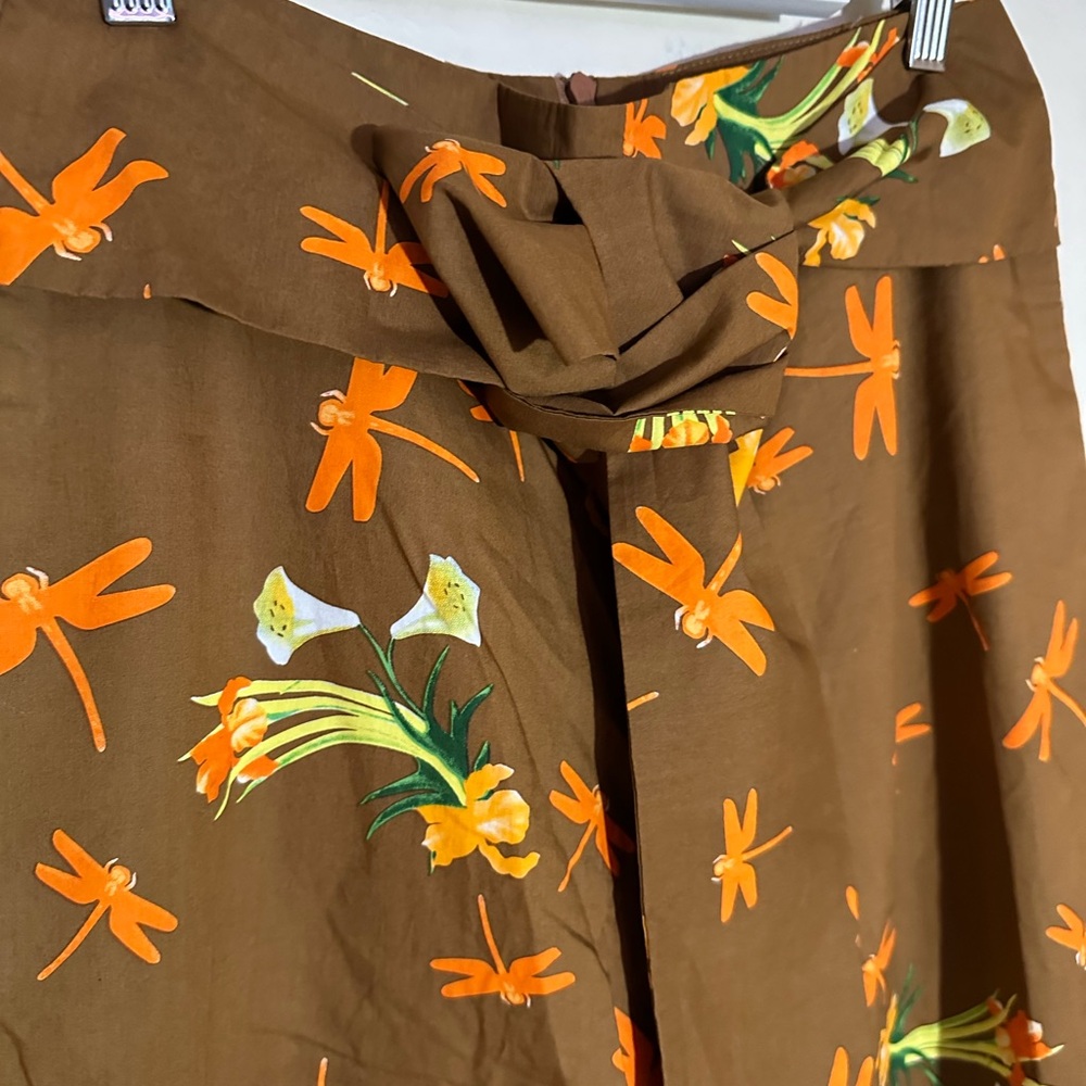 Brown Wide-Leg Floral Print Pants with Tie Waist